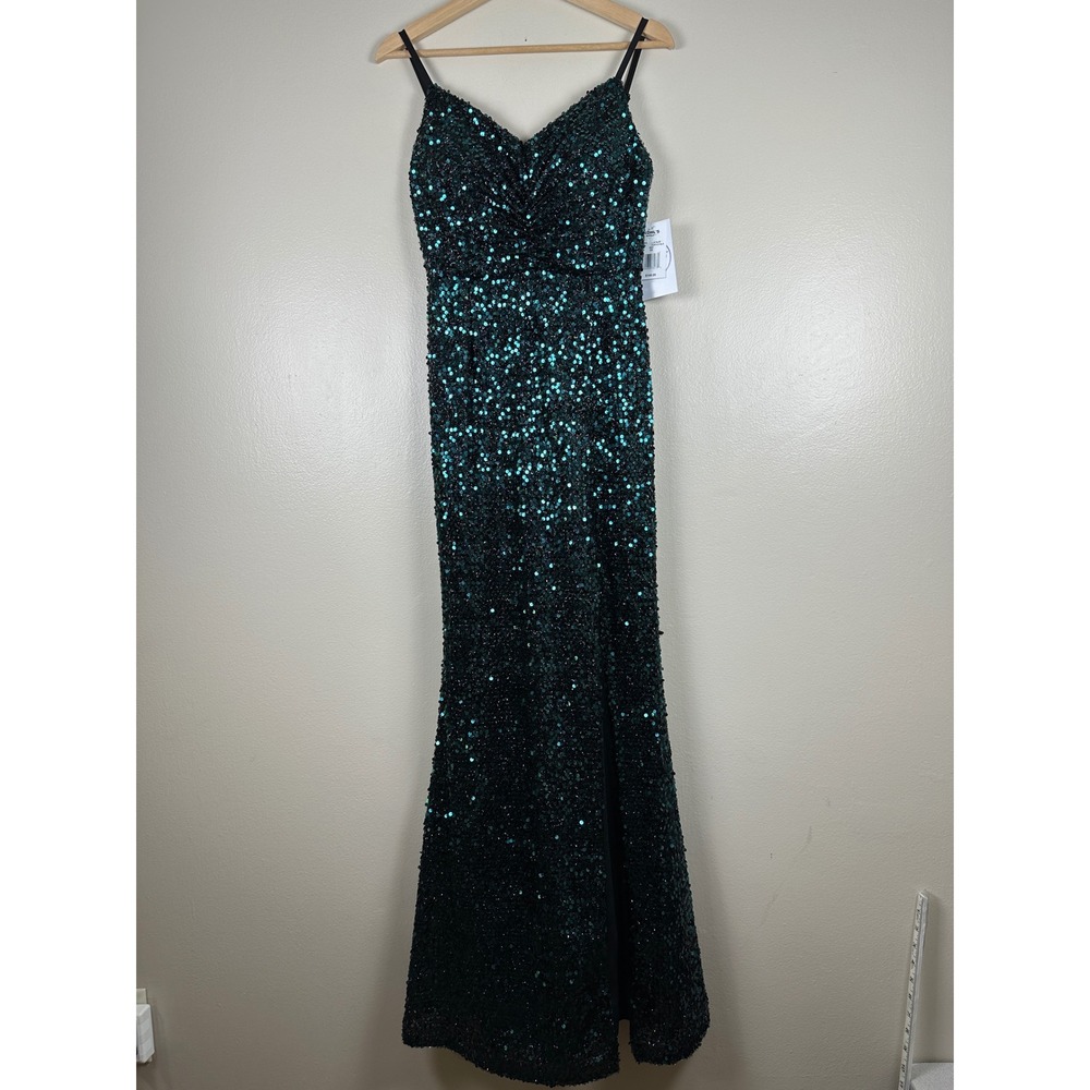 Violet Weekend Women's 5/6 Gown Hunter Green Black Sequin Formal Maxi Slit NEW